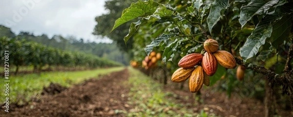 Fototapeta A lush cacao farm with ripe pods hanging from the trees, showcasing vibrant colors amidst a serene landscape.