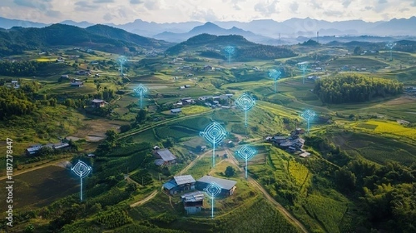 Fototapeta Futuristic connection of rural and urban landscapes global connectivity digital art nature-technology blend aerial view