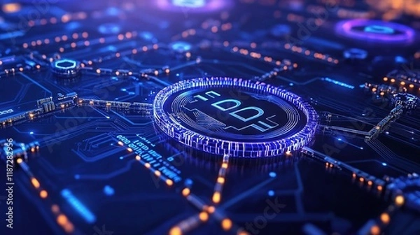Fototapeta Futuristic Circuit Board With Blockchain Network and Digital Lines