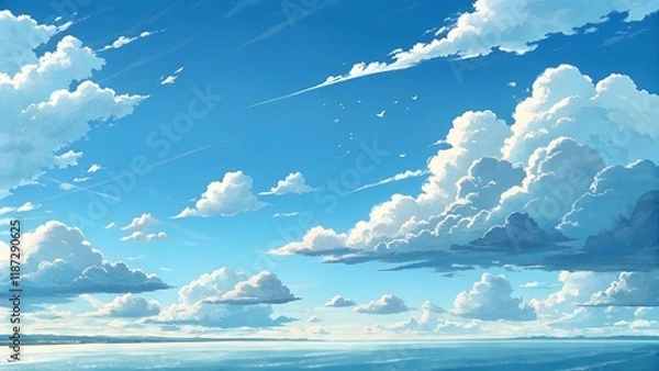 Fototapeta This image presents a serene and stylized view of a vast sky filled with fluffy, white clouds