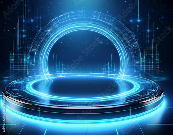 Fototapeta blue hologram portal magic circle teleport podium with hologram effect technology background and abstract digital tech circle copy space