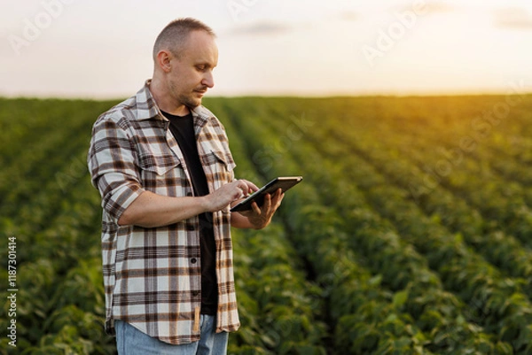 Fototapeta Agronomist farmer uses digital tablet to analyse and check quality control the growth soybeans plants in the field. Smart farming technology and organic agriculture concept. Modern soya agribusiness