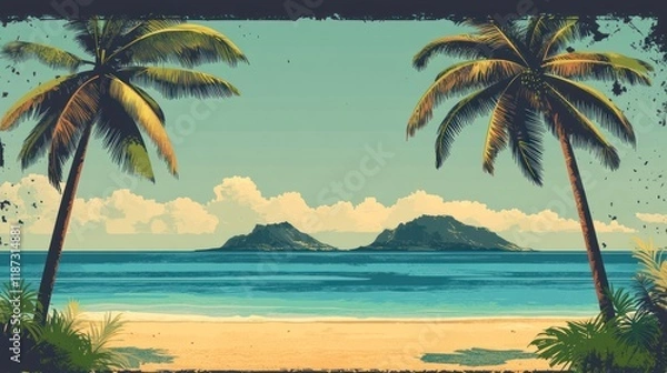 Obraz Tropical beach paradise, palm trees framing ocean islands, vintage style, travel poster