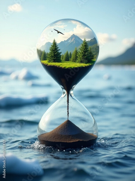 Obraz hourglass floating shaky above ocean. In the upper half of the hourglass a green forest landscape with mountains, birds, sunshine. generative AI