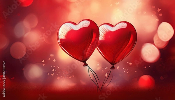 Fototapeta festive valentine s day illustration with two big red heart shaped helium balloons on a blurred background in red tones with bokeh effect