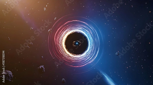 Fototapeta Accretion disk swirling around a black hole in space.