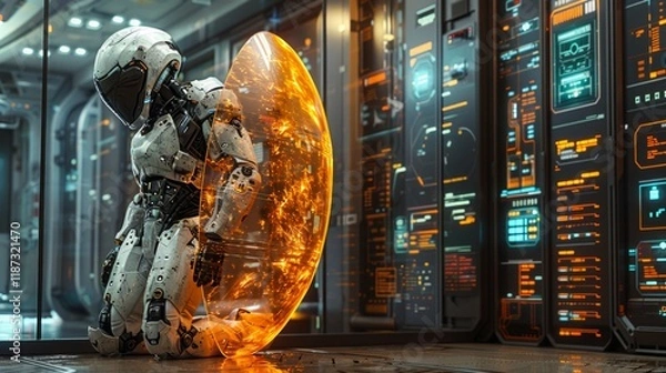 Obraz Cyberpunk Robot Sheltering in a Force Field