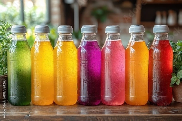 Fototapeta Colorful collection of detox drinks arranged on a kitchen counter with natural light