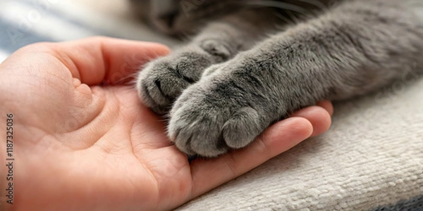 Fototapeta Gray cat’s paws resting in a human hand close-up
