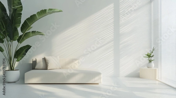 Obraz "Modern white minimalist interior featuring a beige sofa, lush tropical plants, and panoramic windows with blinds. The decor is sleek and understated, emphasizing simplicity and natural light. 