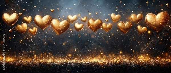 Obraz Golden hearts float on a sparkling, dark background, perfect for Valentine's Day projects.