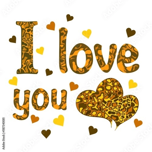 Fototapeta Drawing of couple heart with leopard pattern inside, love iconic slogan typography t shirt graphic. 