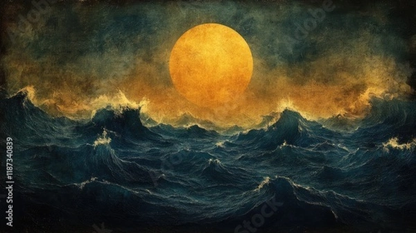 Obraz Grunge ocean waves under large golden moon, dramatic seascape.