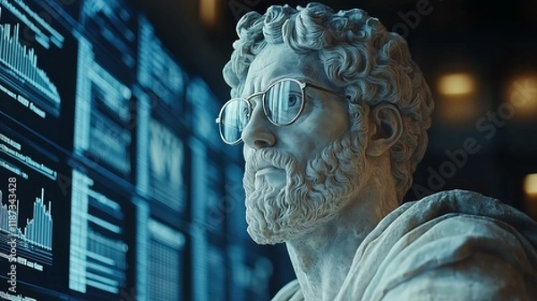 Obraz Classical statue in modern glasses analyzing digital data on screens