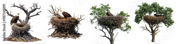Fototapeta Eagle nest – A large nest built by eagles, often found in tall trees or on cliffs, used for raising their young. Isolated on Clear White Background Highly Detailed 