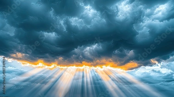 Obraz Golden sunbeams piercing through dramatic dark storm clouds.