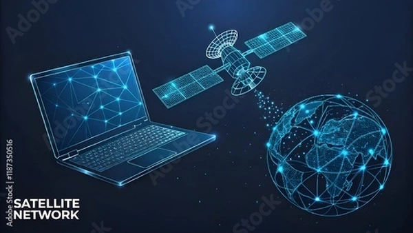 Fototapeta 3d satellites and laptop digital low poly wireframe. Satellite network technology, global internet communication concept in dark blue. Abstract vector starry sky with lines, dots and particles