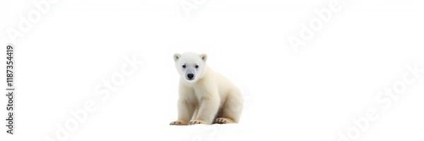 Fototapeta Polar bear cub curiously sitting against white background with copy space