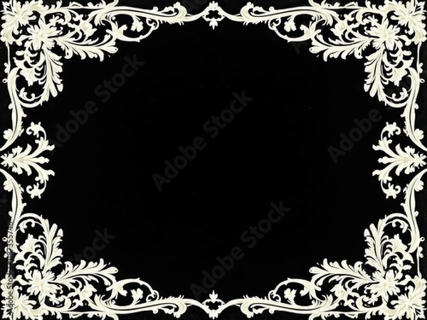 Fototapeta Ornate floral frame on black background, elegant white intricate design, classic decorative border theme