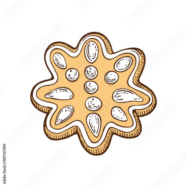 Obraz A hand-drawn cartoon-style illustration of a round, sweet cookie. Golden-brown with a soft texture, decorated with chocolate chips, isolated on a white background.