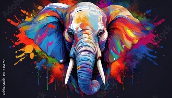 Fototapeta Vibrant Artistic Portrait of an Abstract Elephant Head, Splashed with Colorful Paint Strokes and Radiating Energy in a Bold and Creative Illustration.