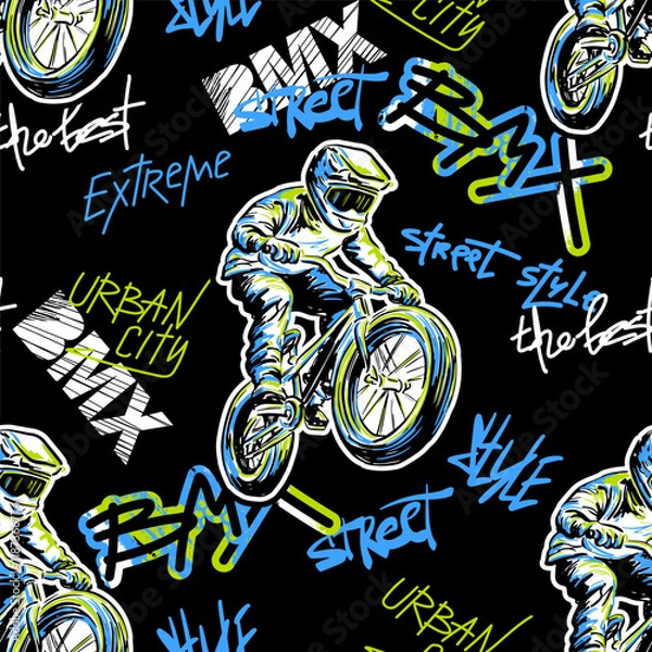 Obraz Abstract seamless grunge pattern for guys. Urban style modern background with boy on bicycle BMX and skateboards. Sport extreme style creative wallpaper