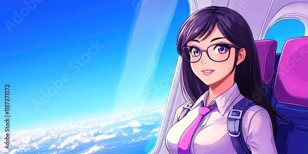 Fototapeta manga friendly flight attendant, modern stewardess on plane
