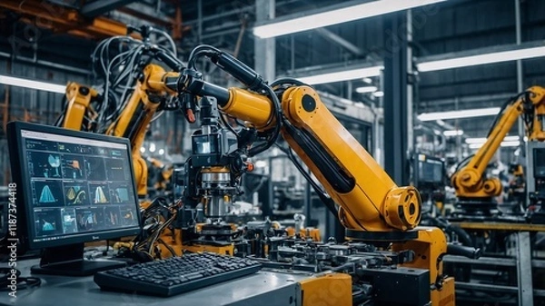 Fototapeta Engineer manager checking and controling automation robot arms machine in intelligent factory industrial on real time monitoring system software. Welding robotics and digital manufacturing operation	
