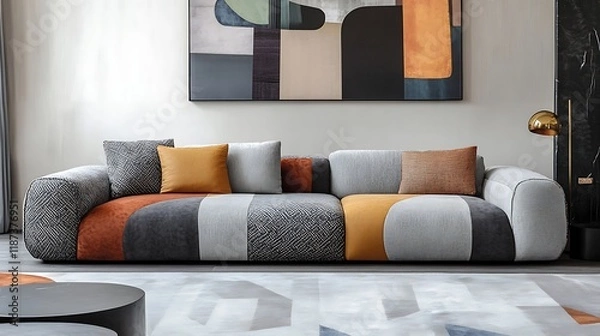 Obraz Modern sofa with a low-profile design, soft fabric, and geometric patterns 