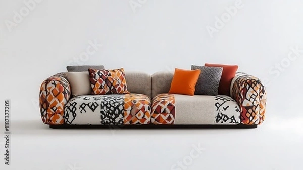 Obraz Modern sofa with a low-profile design, soft fabric, and geometric patterns 