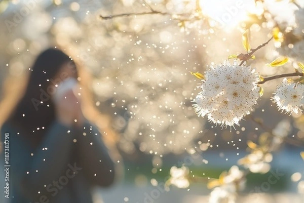 Fototapeta Blossoming tree with pollen and woman sneezing in spring.