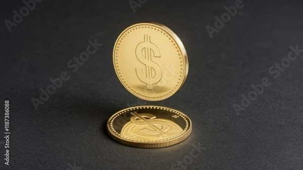 Fototapeta Two golden dollar coins levitating above a dark surface, symbolizing wealth and financial success.