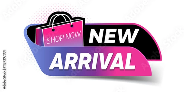 Fototapeta 
Vector Illustration Modern Label With Text New Arrival. Sticker template for shop store new arrival promotion. Fresh product or renewed goods assortment or fashion collection announcement.