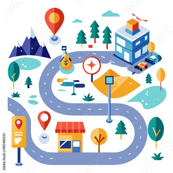 Fototapeta This vibrant illustration depicts a winding roadmap evolving into a finished project within a colorful landscape. Various details, such as buildings and natural features, enhance the journey theme