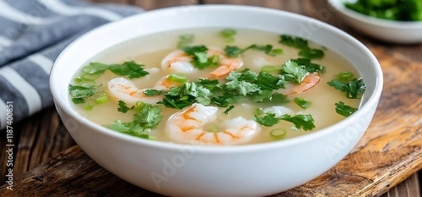 Fototapeta Shrimp soup bowl, wood background, garnish, menu