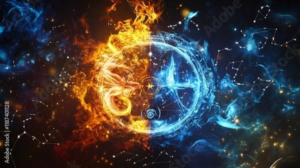 Fototapeta Astrological elements featuring balanced fire earth air water signs illustrated with symbolic cosmic patterns and vibrant energy
