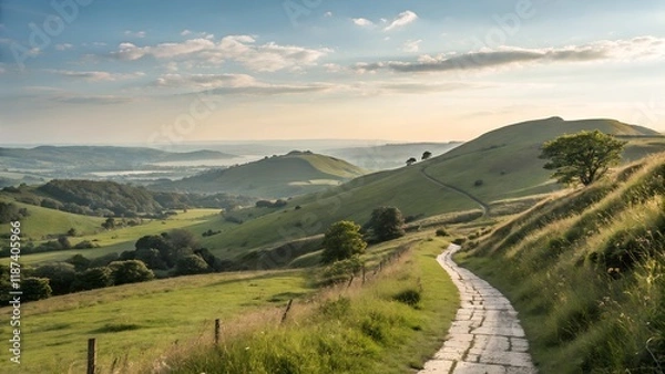 Fototapeta A serene landscape features a winding path leading through rolling green hills and valleys. 