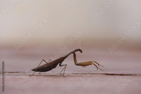 Fototapeta Close up of a brown praying mantis on a textured concrete surface