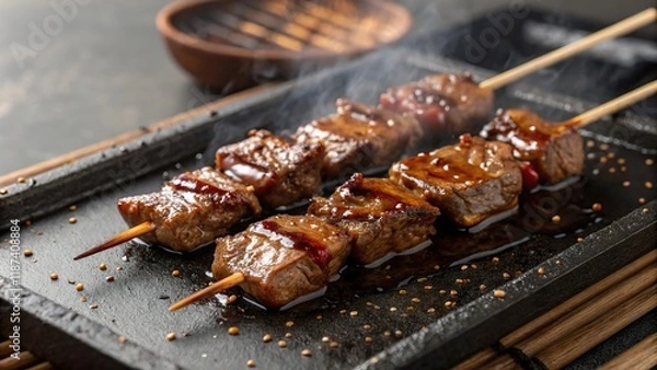 Fototapeta Beef teriyaki skewers grilling on a hot stone with rich marinade and smoke