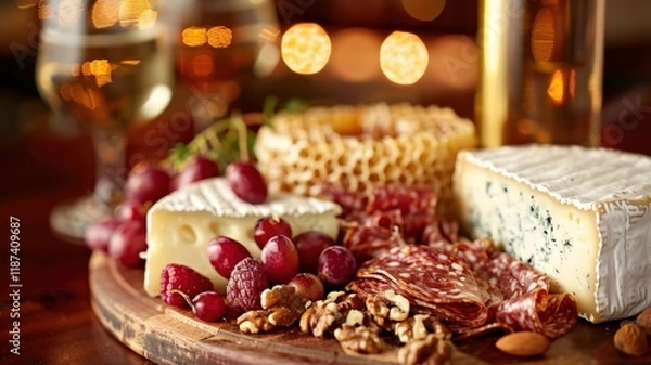 Fototapeta Gourmet cheese board with brie, blue cheese, honeycomb, salami, grapes, raspberries, walnuts, and almonds.  Two glasses of white wine in background.
