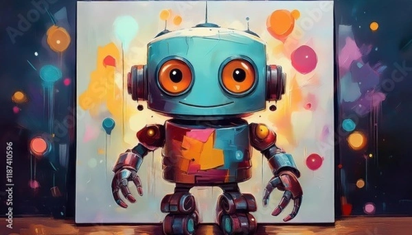 Fototapeta Charming Robot Portrayed in a Vibrant Painting, Capturing a Whimsical Mood with Colorful Brushstrokes and Detailed Textures, Showcasing Creativity and Innovation.