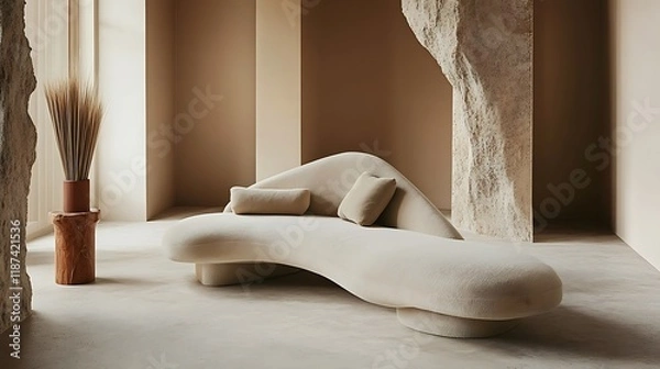 Obraz Sofa with a sleek, angular design and soft, comfortable cushions in muted tones 