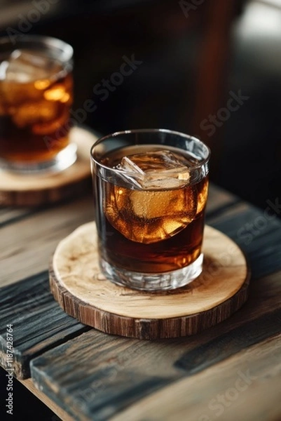 Obraz Two glasses filled with whiskey sit on a rustic wooden table