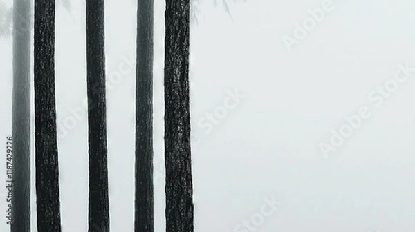 Fototapeta   A monochrome image captures a tree line against a hazy backdrop, with a park bench situated prominently in the foreground