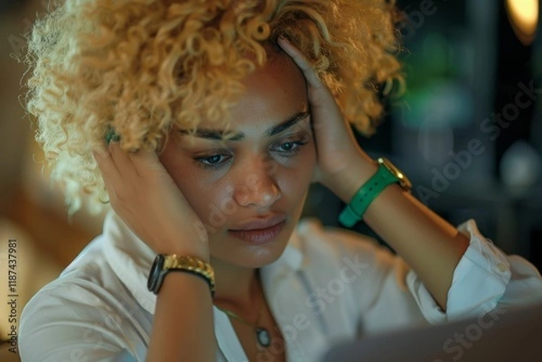 Fototapeta Overwhelmed businesswoman experiencing stress and frustration while working on her laptop, battling a headache and difficulty concentrating due to setbacks or connectivity issues