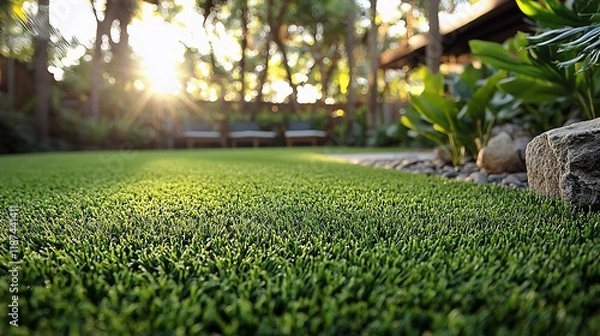 Fototapeta Lush green artificial turf in a sunny garden.