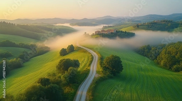 Fototapeta karst landscape in tuscany near chiusure photographed with a drone fields valley of toscana siena region in italy with little road and morning fog mist small village of chiusure