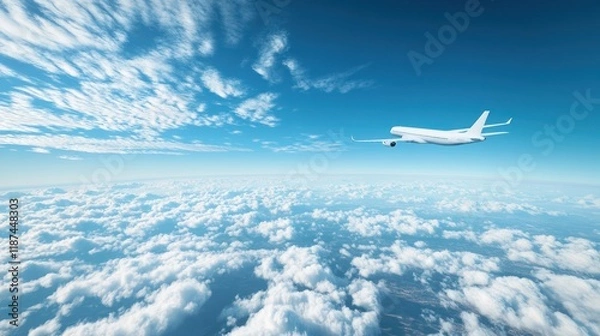 Fototapeta Airplane flying above fluffy white clouds under a bright blue sky.