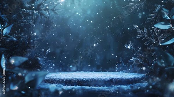 Fototapeta Blue winter christmas nature background frame, podium. snow-covered fir branches, snowdrift against defocused blurred forest and falling snow. generative ai. Stardrift. Illustration
