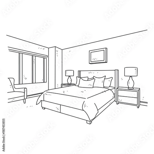 Fototapeta Simple sketch drawing of interior design vector illustration for bedroom. Interiors themes in simple sketch concept design vector. Housing interior for reference and presentation purpose to the client